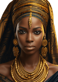 an african woman wearing gold jewelry and a turban