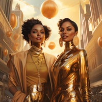 two women in gold outfits standing in a city